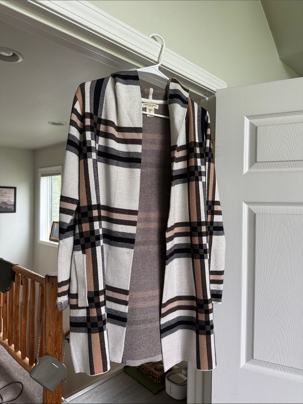Christian Siriano Cream, Tan, Black & Gray Plaid Open-Front Cardigan